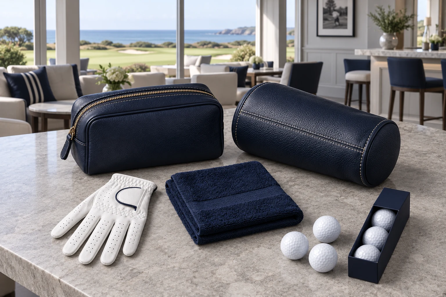A coordinated navy golf collection with accessories and packaging